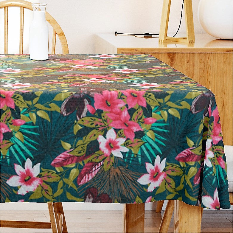 Ahuna - Akryldug med flotte blomster på petrol baggrund - 155 cm bred