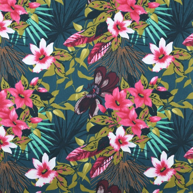 Ahuna - Akryldug med flotte blomster på petroleumsfarvet baggrund - 155 cm bred