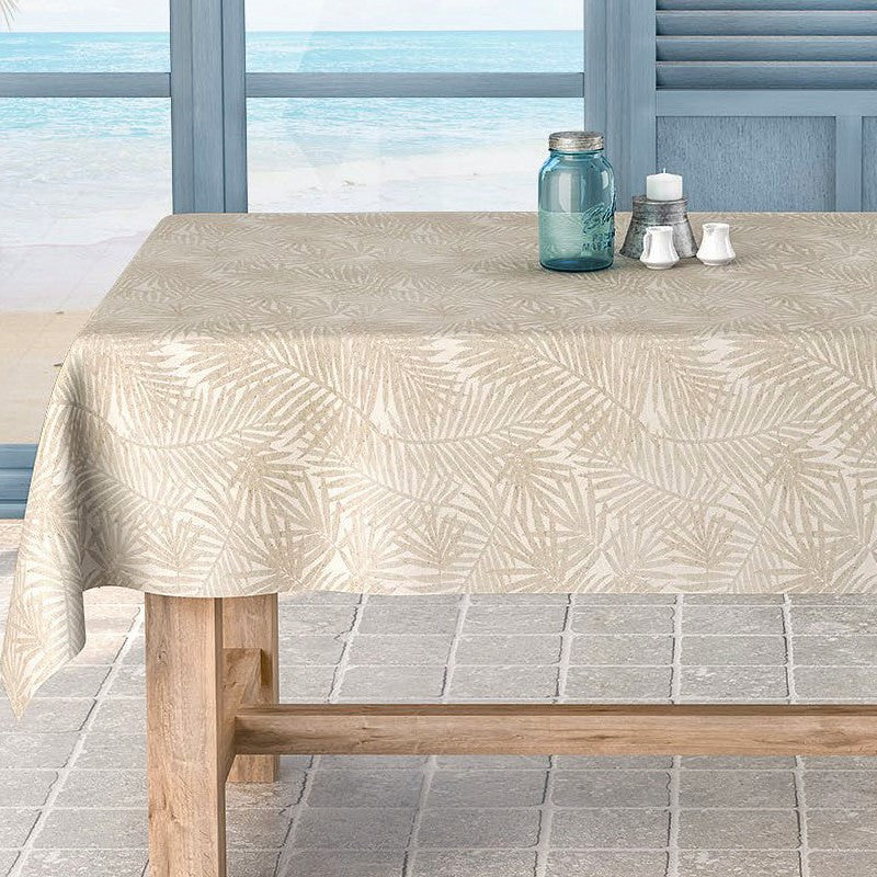 Frida Lino beige, jacquard vævet akryldug med bregner, 140 cm bred