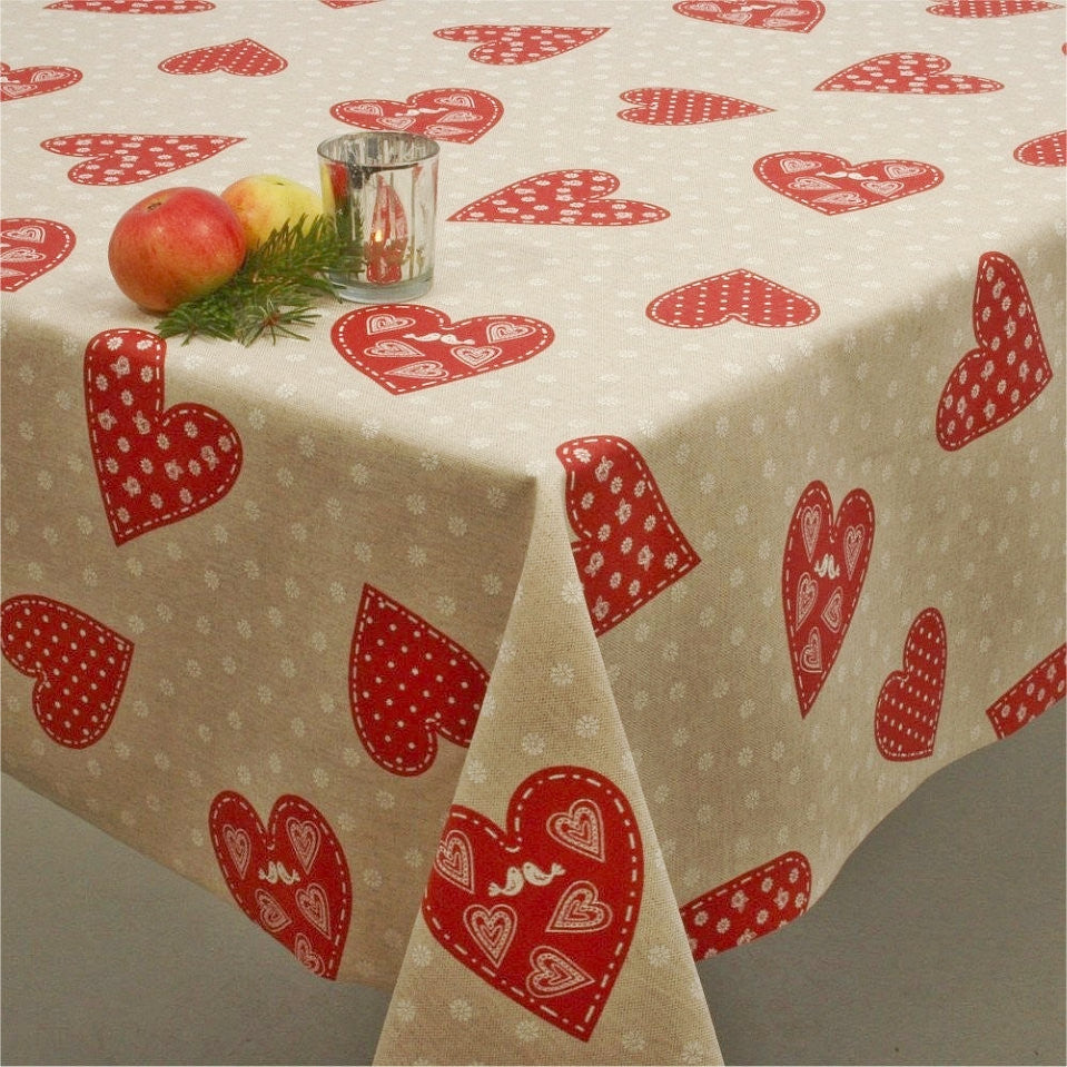 Juledug, akryldug med Julehjerter og Turtelduer i hørlook