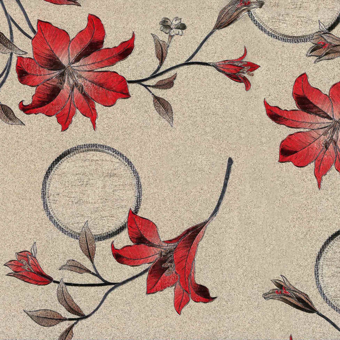 Nærbillede af Altea Metallic Red voksdug med røde julestjerner