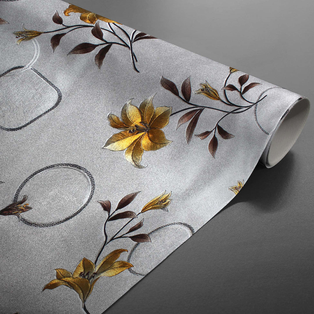 Rullet Altea Metallic Yellow voksdug med sølv og gyldne blomster