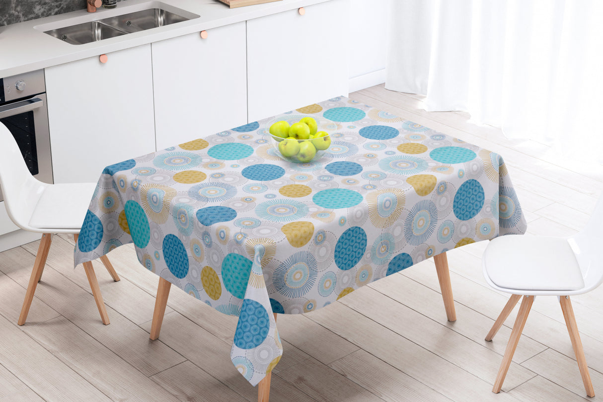 Alvares Blå - Akryldug med flotte cirkelmotiver - 150 cm bred