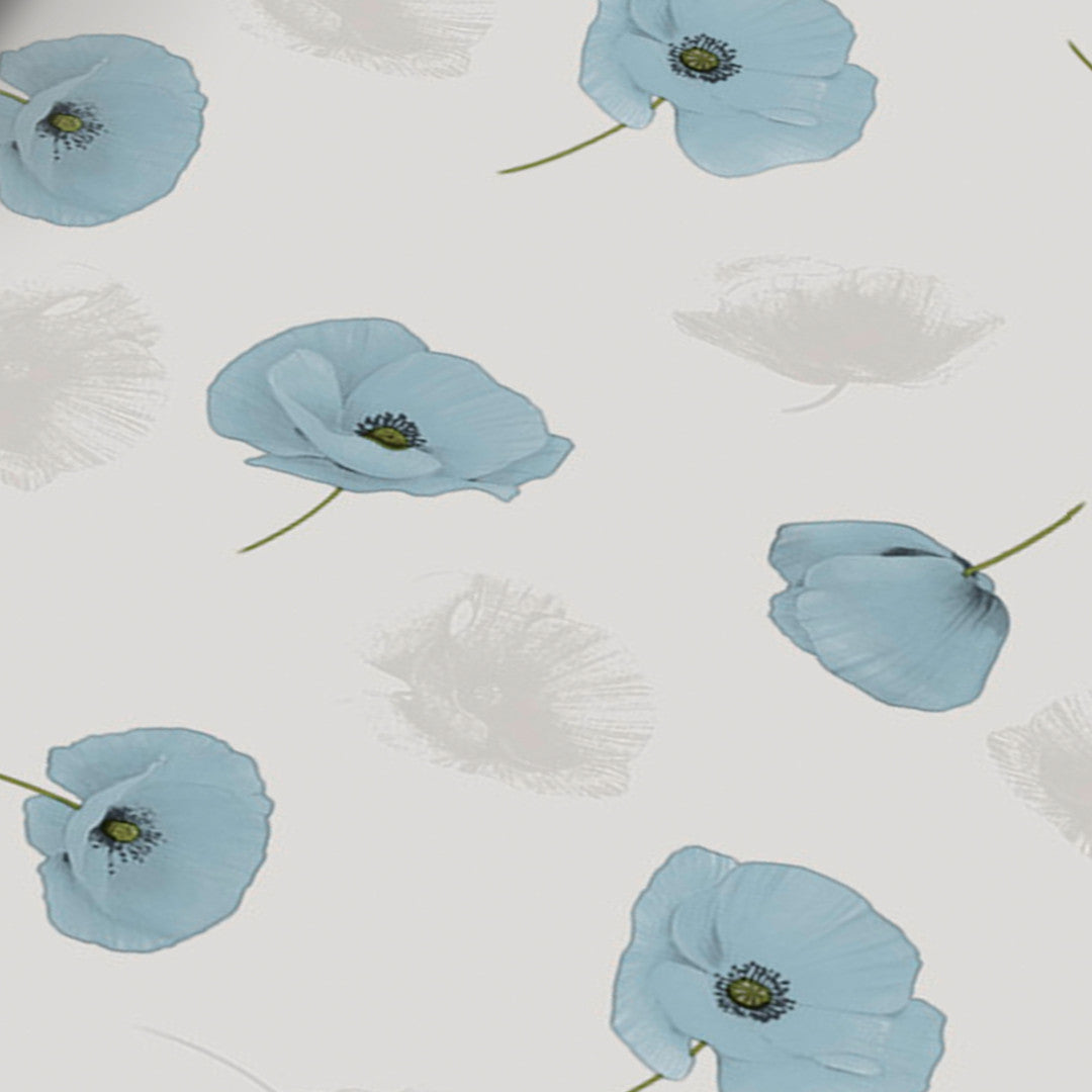 Amapolas Blue - Voksdug med fine blå valmuer, nærbillede