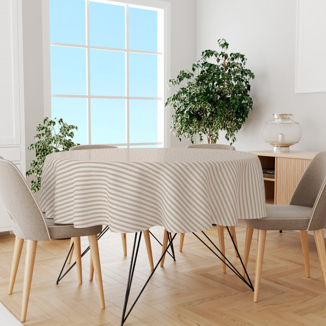 Rund voksdug Aria Beige/offwhite, med striber i hørlook