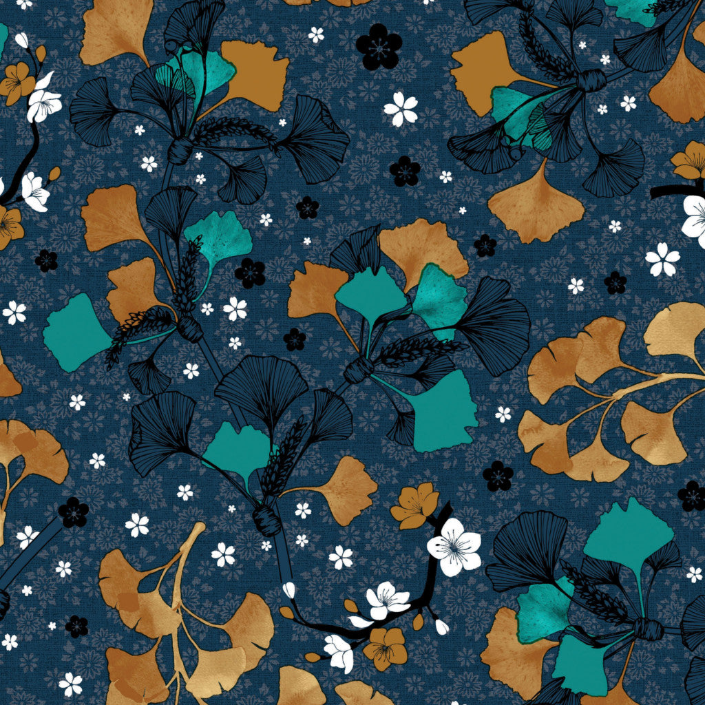 Autum Gingko Biloba - Mørk gråblå voksdug med blomster og blade