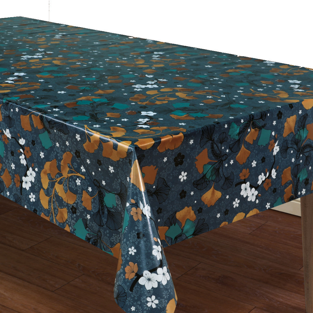 Autum Gingko Biloba - Mørk gråblå voksdug med blomster og blade