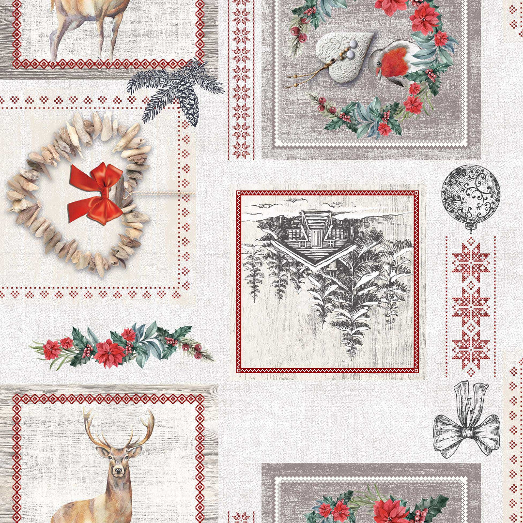 Avoriaz - Nærbillede, julevoksdug med grantræer, og hjorte