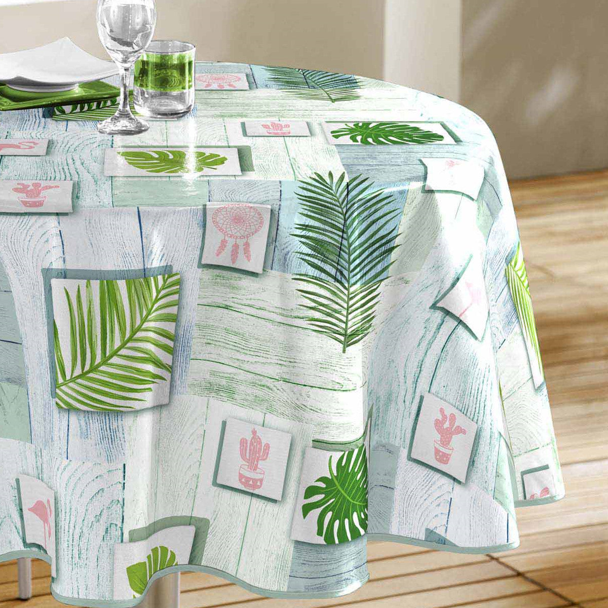 Bahia - Rund voksdug med grønne blade, Ø 160 cm