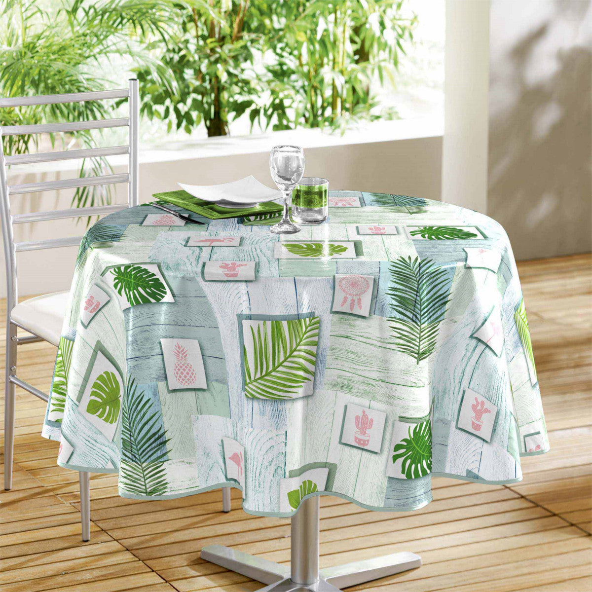 Bahia - Rund voksdug med grønne blade, Ø 160 cm