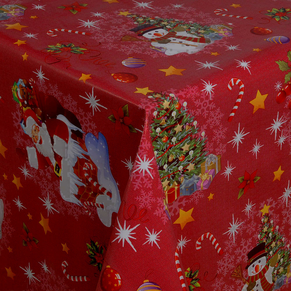 LÆNGDE: 2.2 m - Bamses Jul Mørk Rød - Julevoksdug med Bamse, Jule- og Snemanden