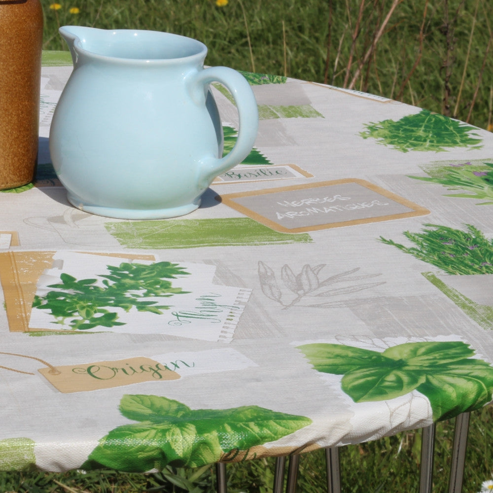 Basilikum Grå - rund voksdug med elastik - Til bord Ø 60 - Ø 130 cm