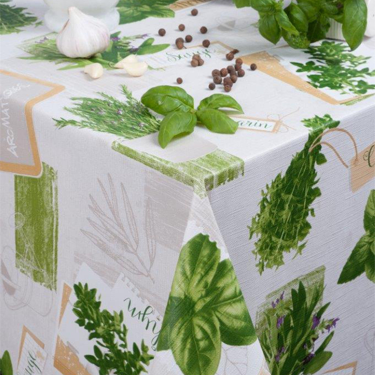 Basilikum Lysgrå, voksdug med krydderurter og let præget overflade