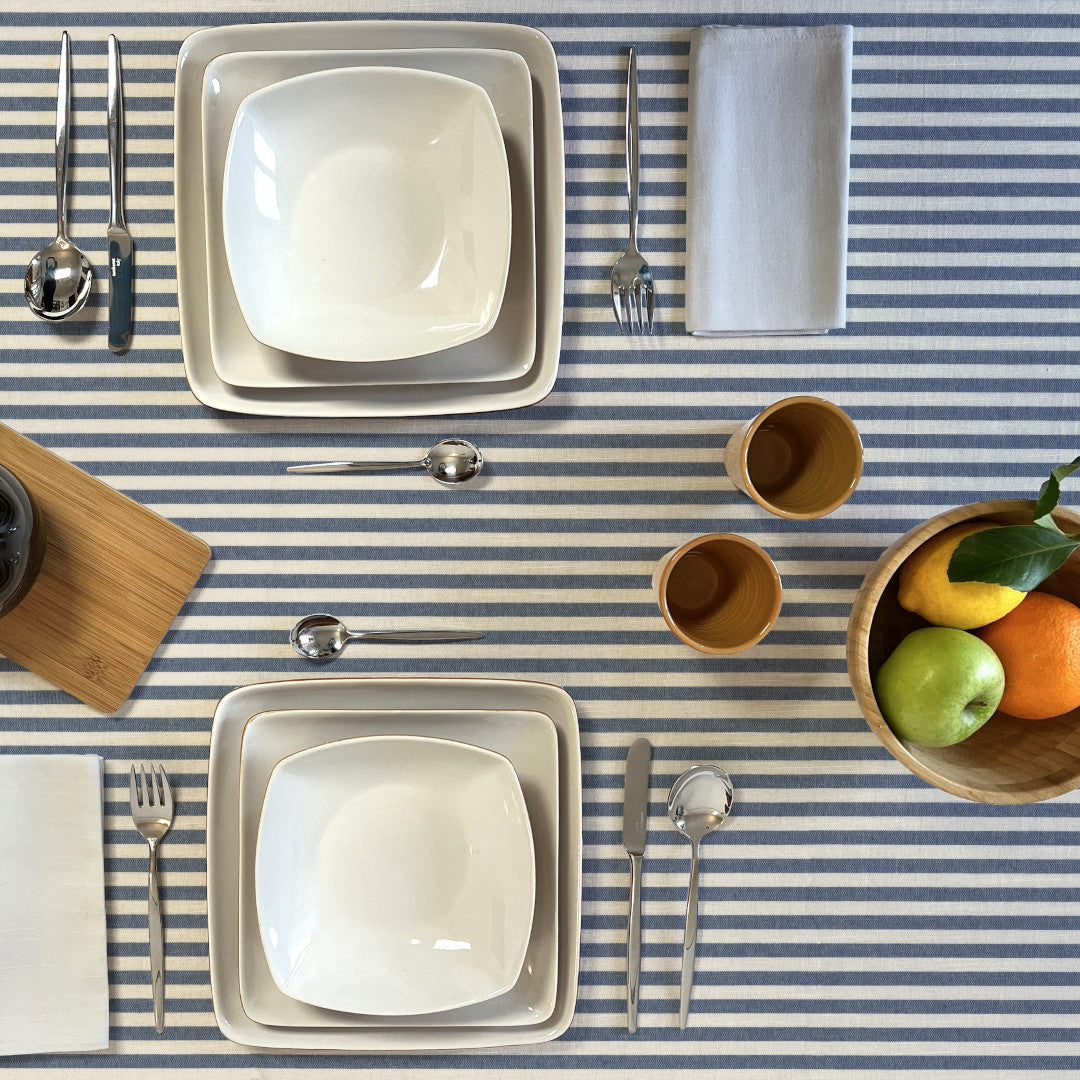 LÆNGDE: 1,9 m - Blå Nordisk Strib - Akryldug i rustikt hørlook