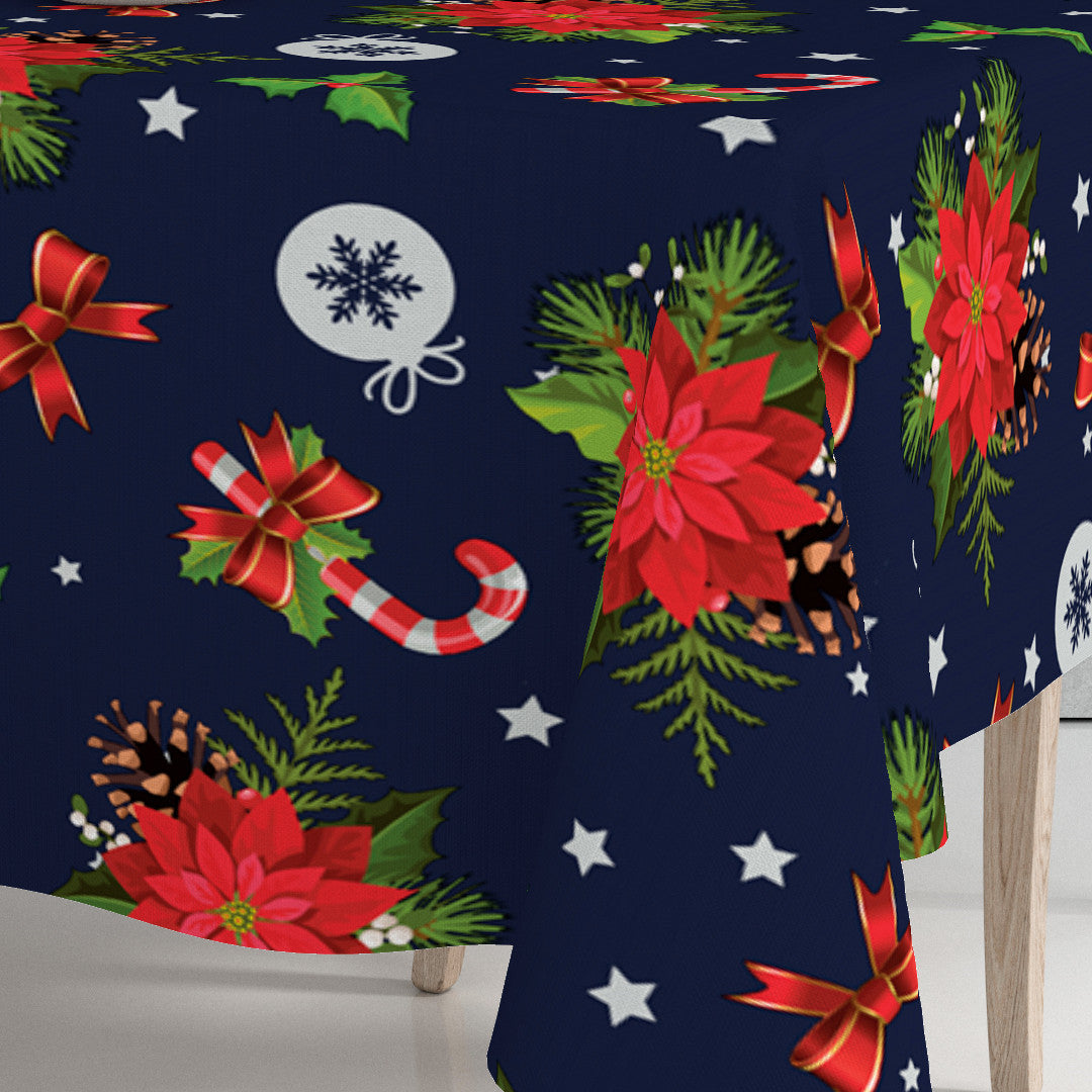 Nærbillede af hjørne på Blå Vinterfest voksdug med julemotiver