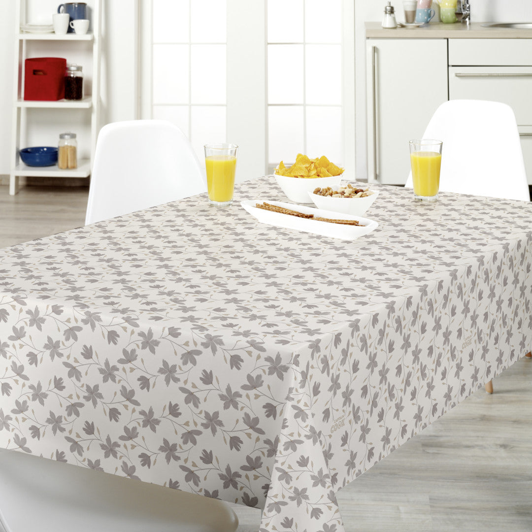 Bloom Maitake - 160 cm bred voksdug med blomster i grå og beige