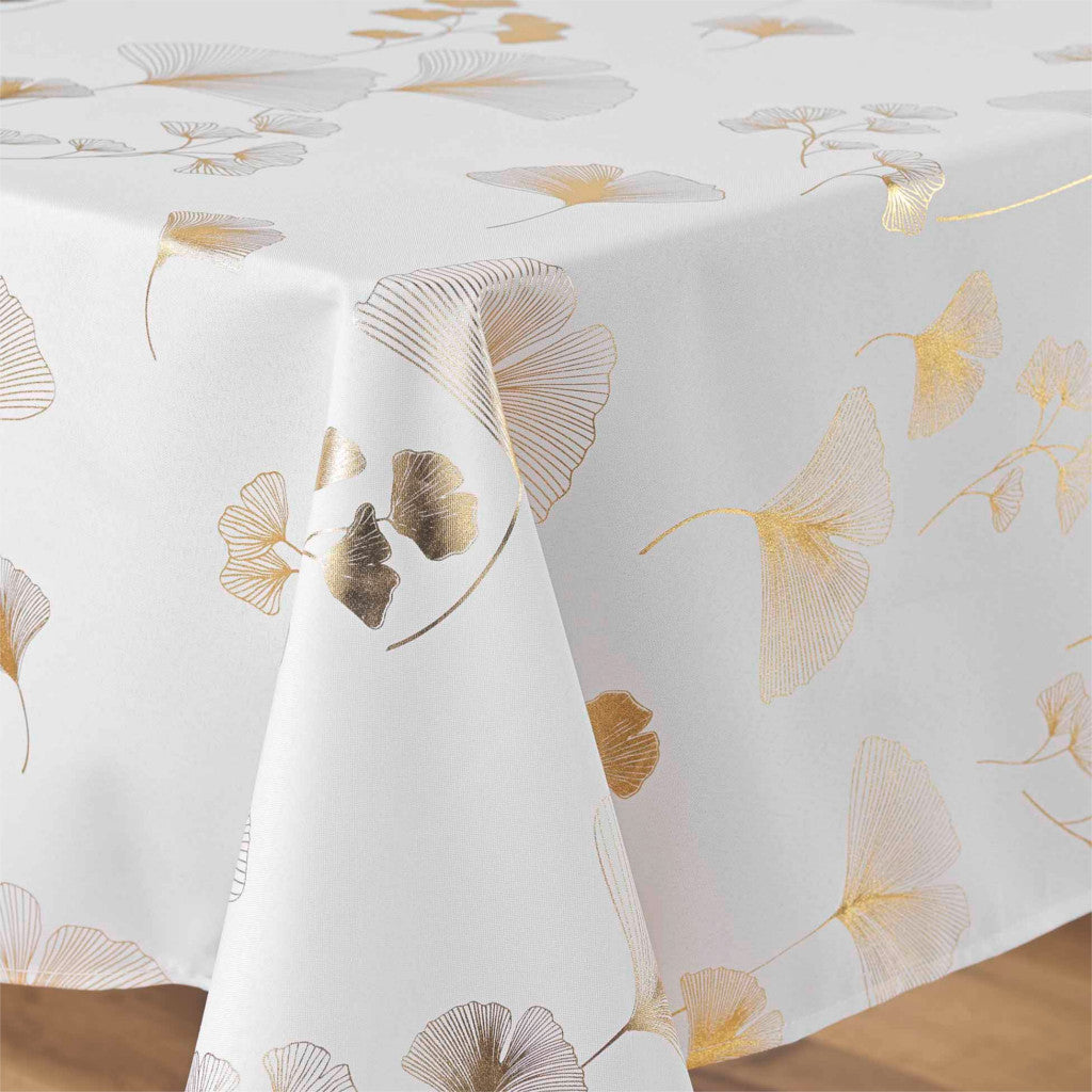 Bloomy Metallic Print - White/Gold - Juledug med anti-plet, 150 x 240 cm, hjørne