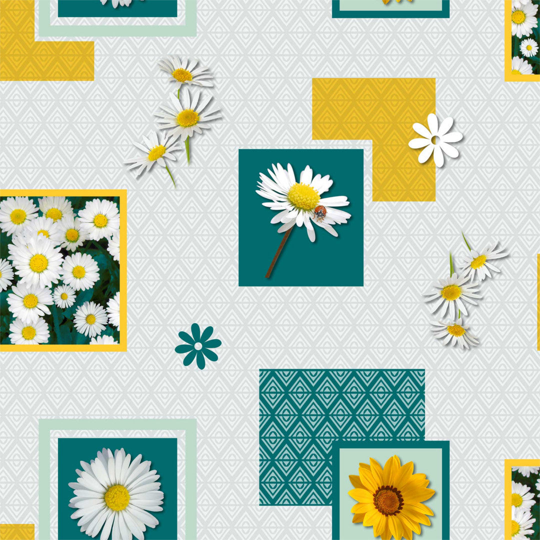 Bouton D’or lys Blå - Voksdug med okseøje blomster