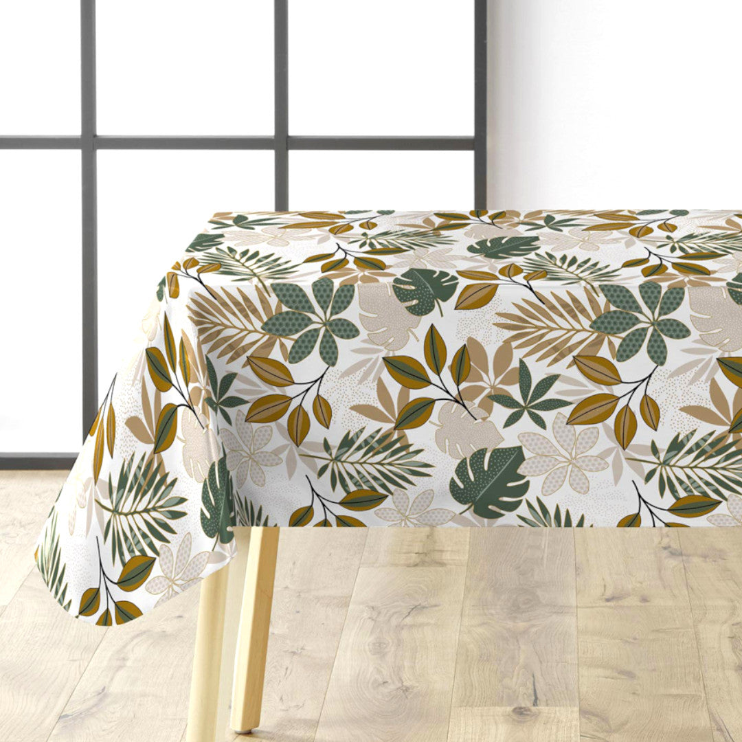 Bruinelle Green - Voksdug med bladmønster i grøn og beige på bord