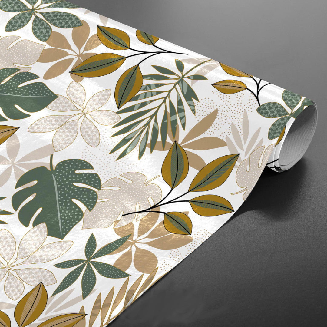 Oprullet Bruinelle Green - Voksdug med bladmønster i grøn og beige