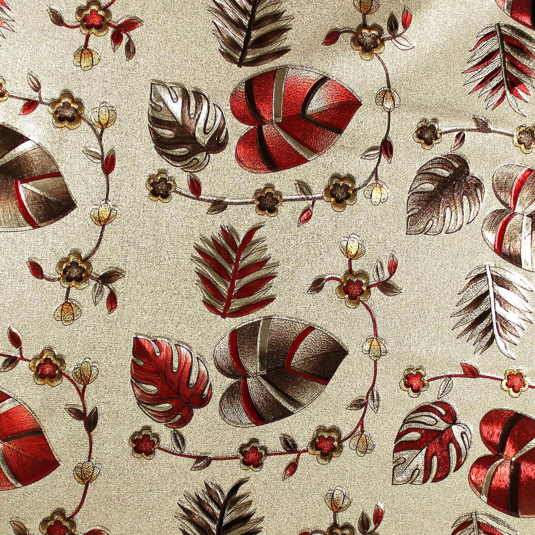 Nærbillede af Caprice Metallic Red voksdug med blade og blomster