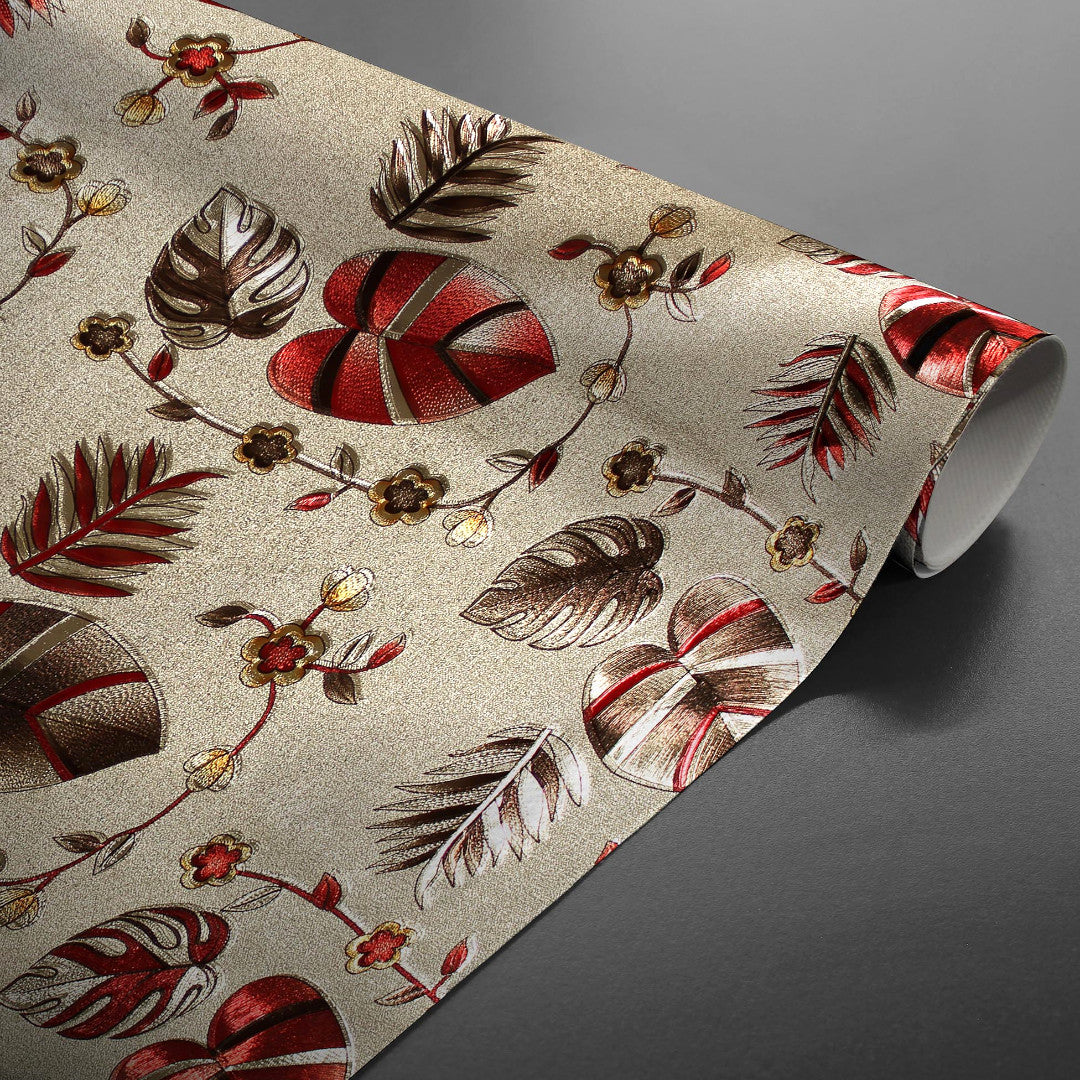 Rullet Caprice Metallic Red voksdug med gylden bund og mønster