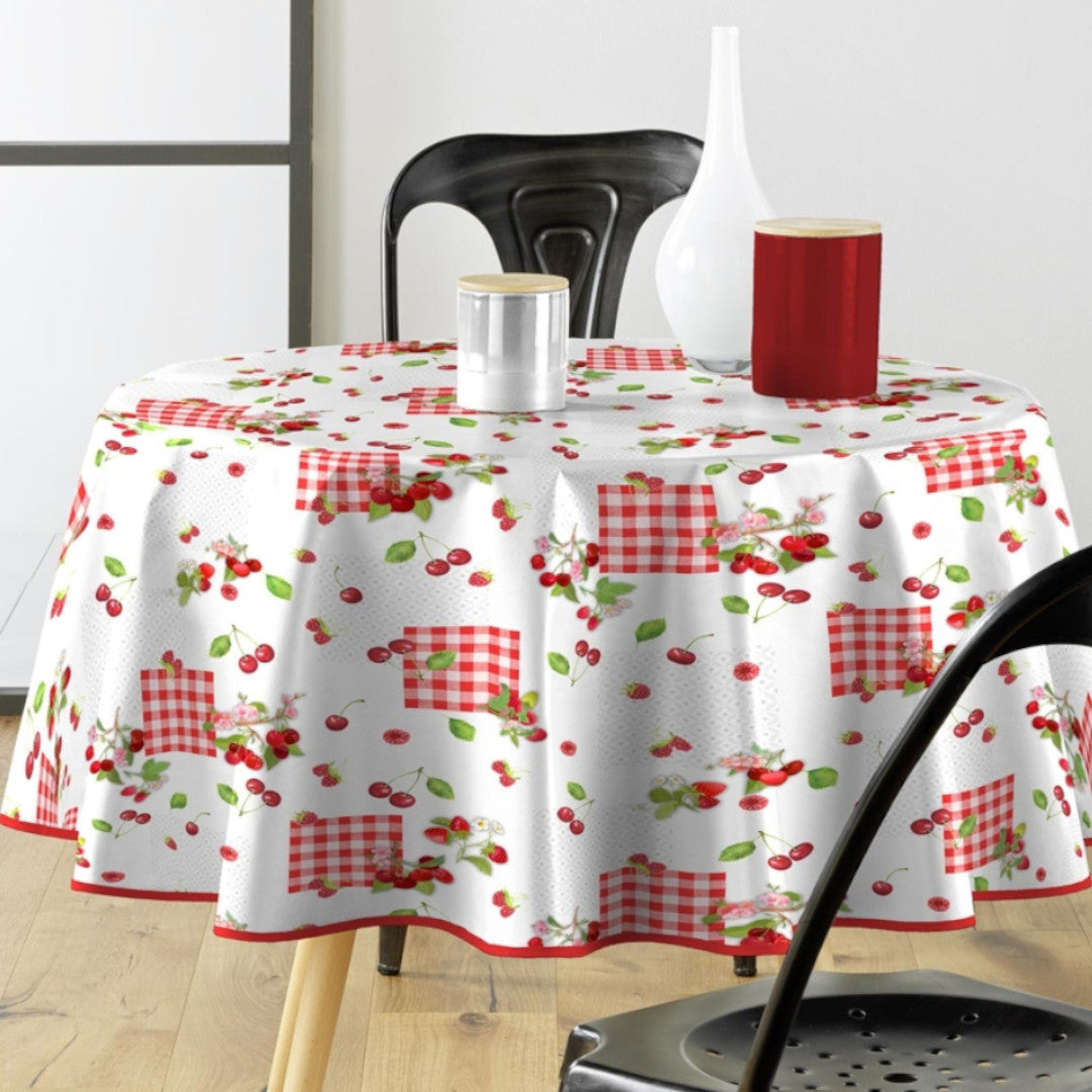 Cerise - Rund voksdug med kirsebær på stilk, Ø 155 cm