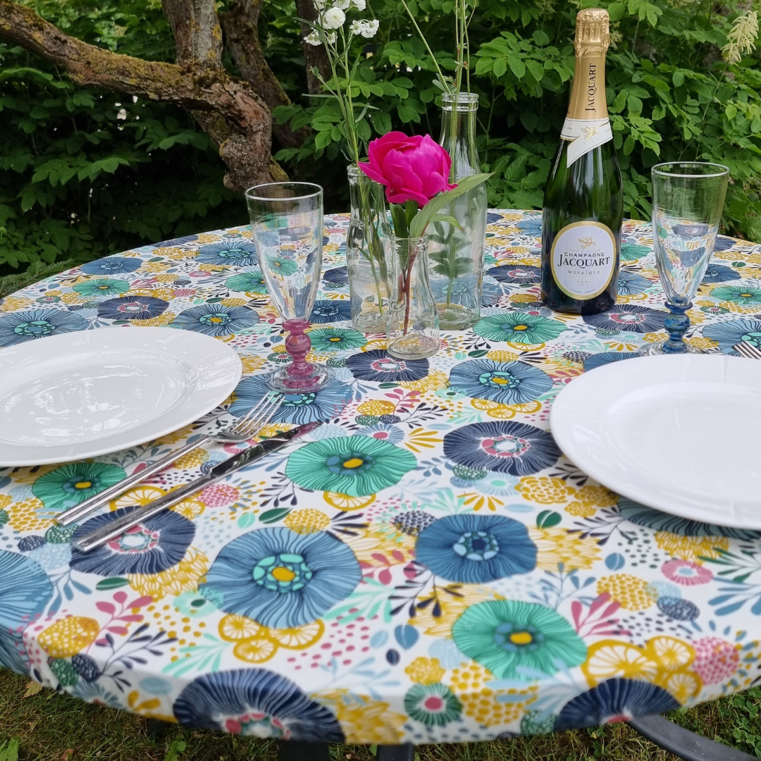 Chidori Blå - Rund akryldug med elastikkant - Til bord Ø 60 - Ø 140 cm