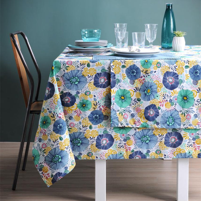 Chidori Blå - Akryldug med smukke blomstermotiver - 155 cm bred