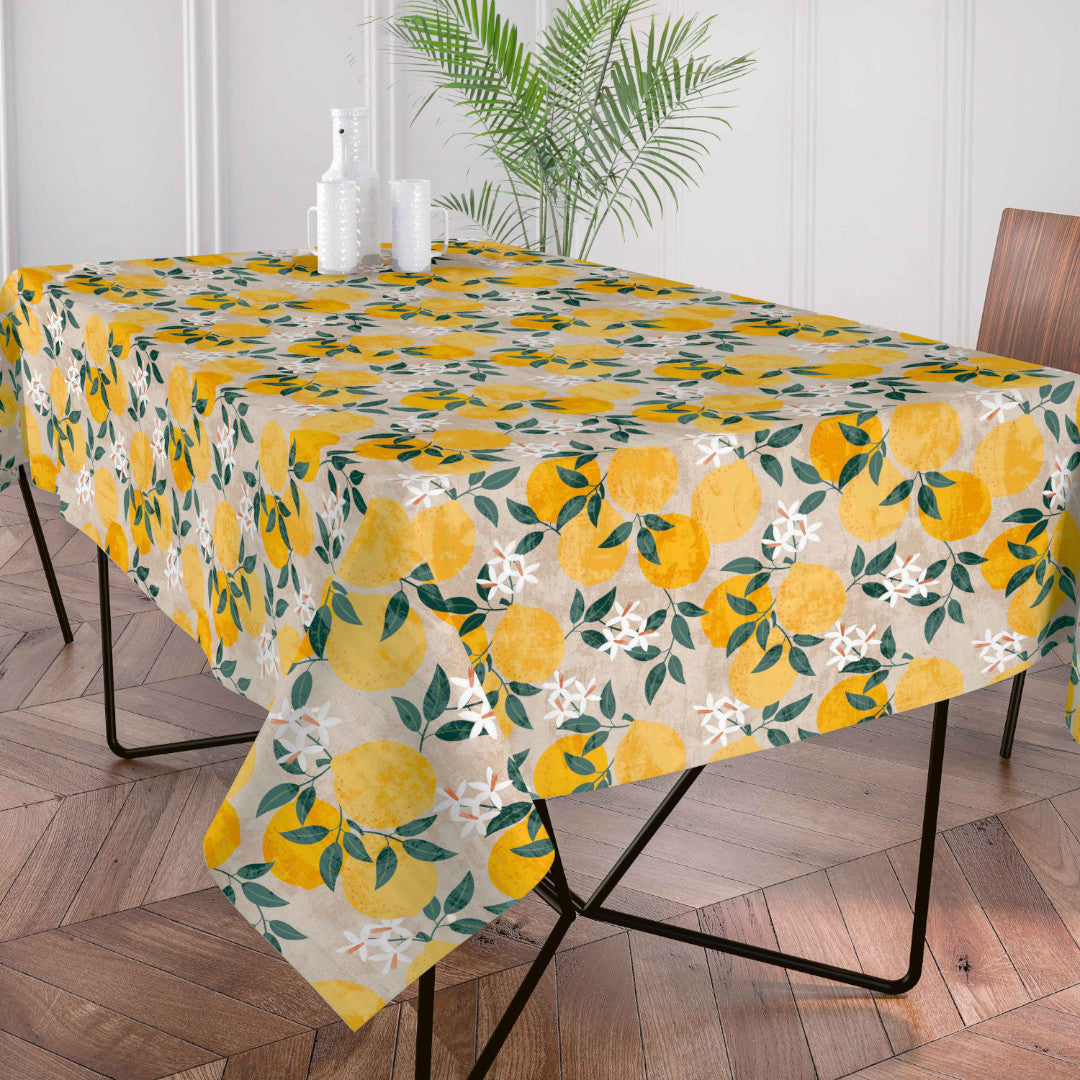 Citronlunden Lino akryldug med citroner og naturfarvet hørlook på bord
