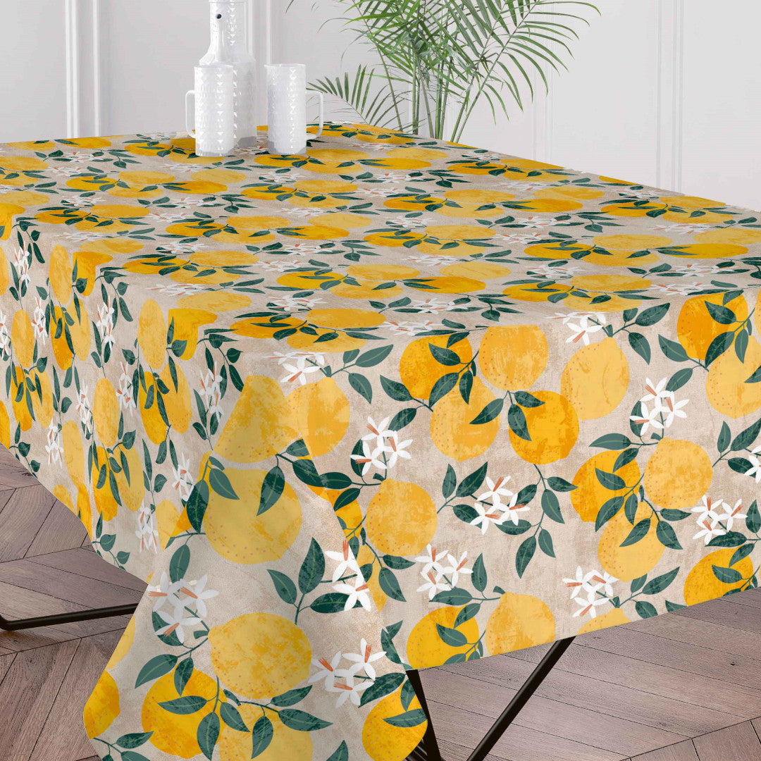 Nærbillede af Citronlunden Lino akryldug med citroner og hørlook