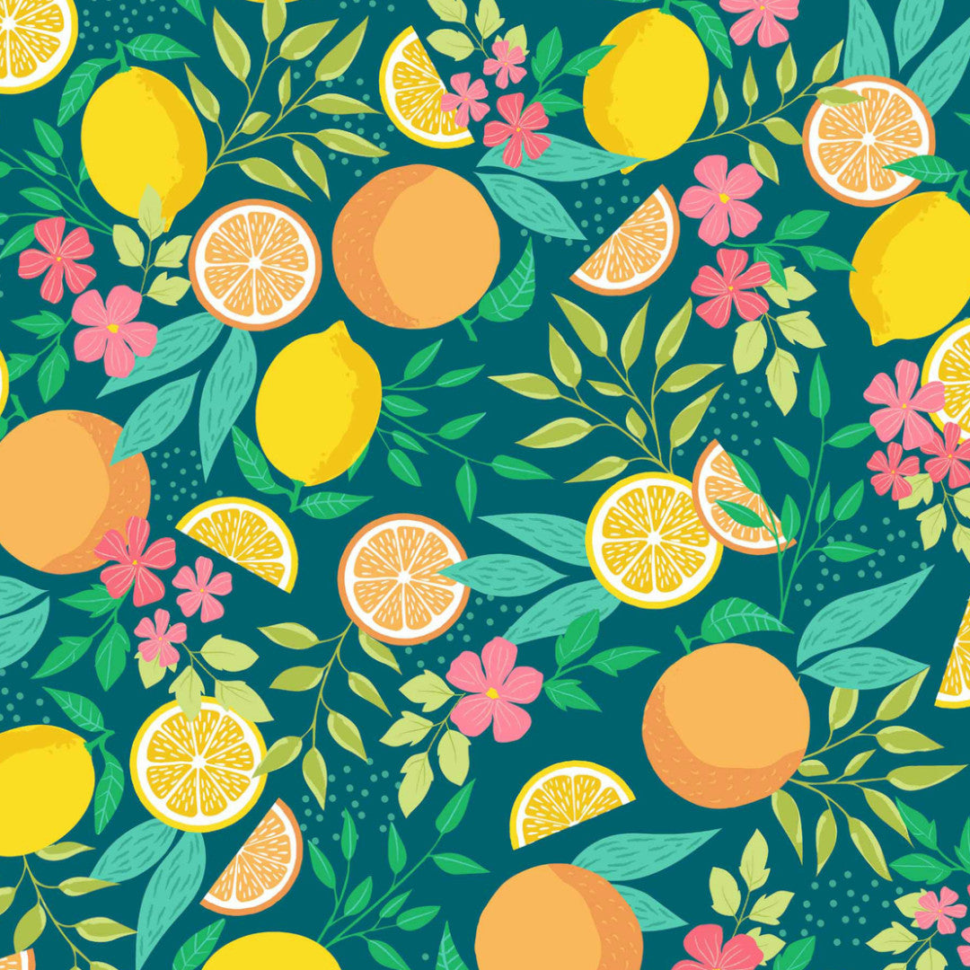 Citrus Emerald Green - Voksdug med citroner og blade