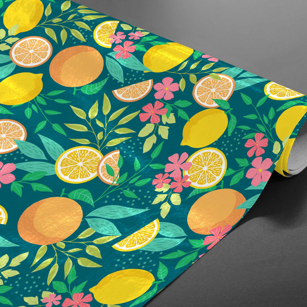 Citrus Emerald Green - Voksdug med citroner og blade