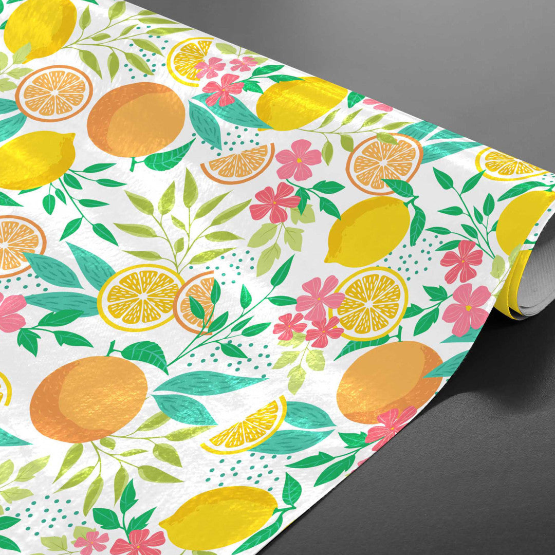 Citrus White - Voksdug med citroner og blade