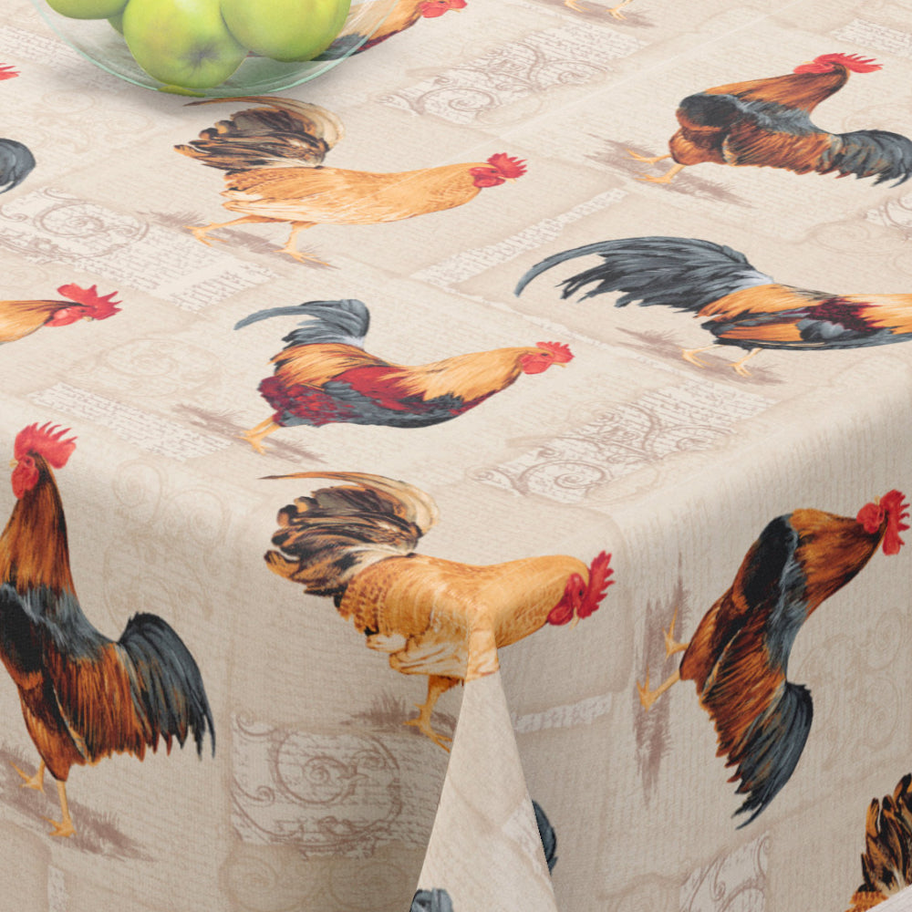 Cocorico Beige - Akryldug med flotte høns - 155 cm bred