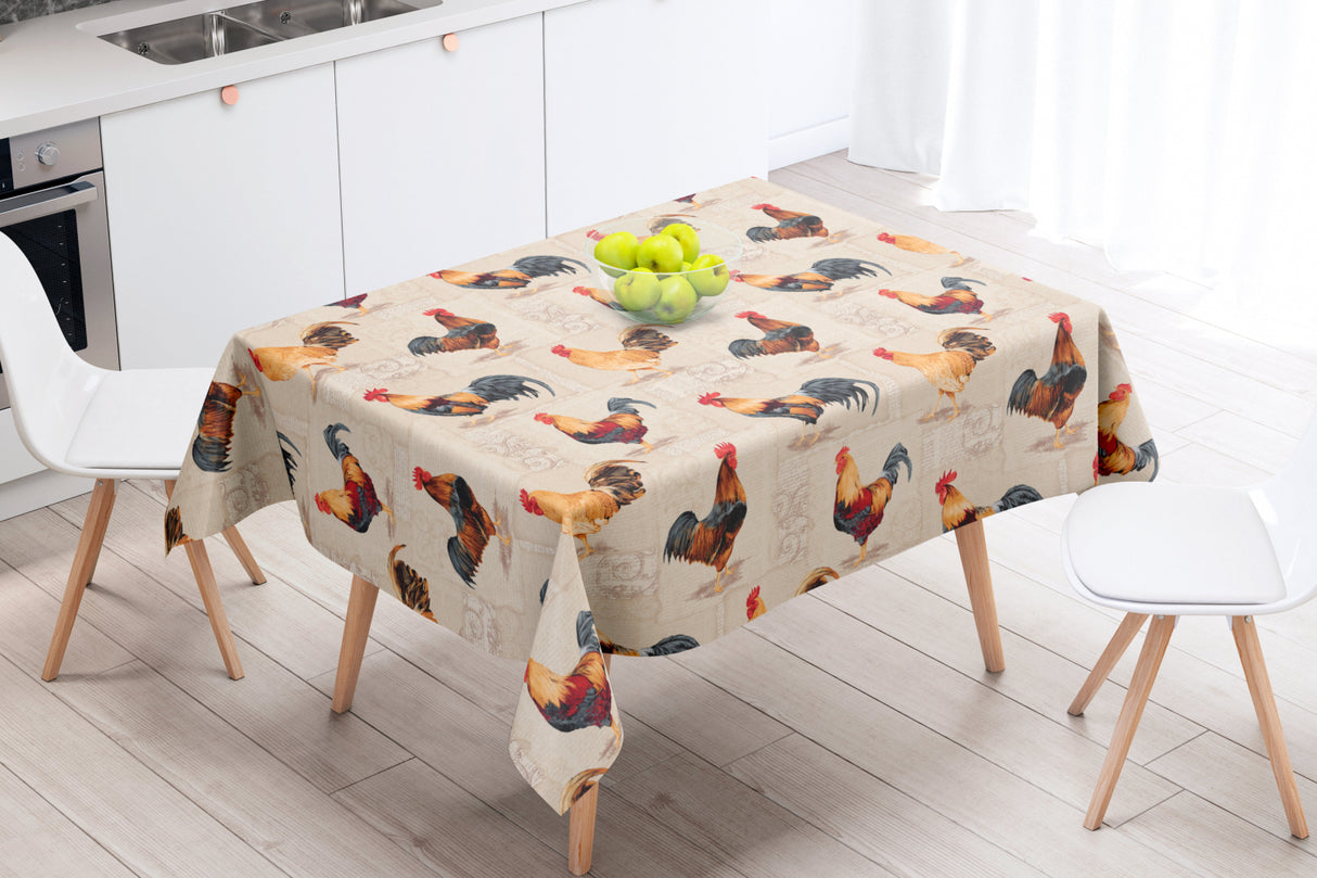 Cocorico Beige - Akryldug med flotte haner - 155 cm bred