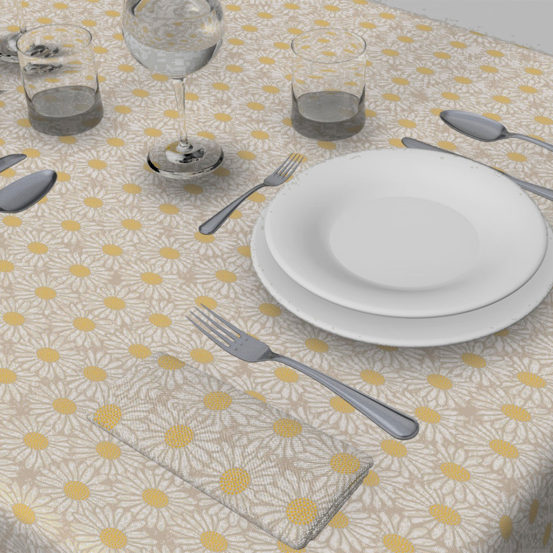 Daisy - Naturfarvet akryldug i hørlook med hvide margueritter