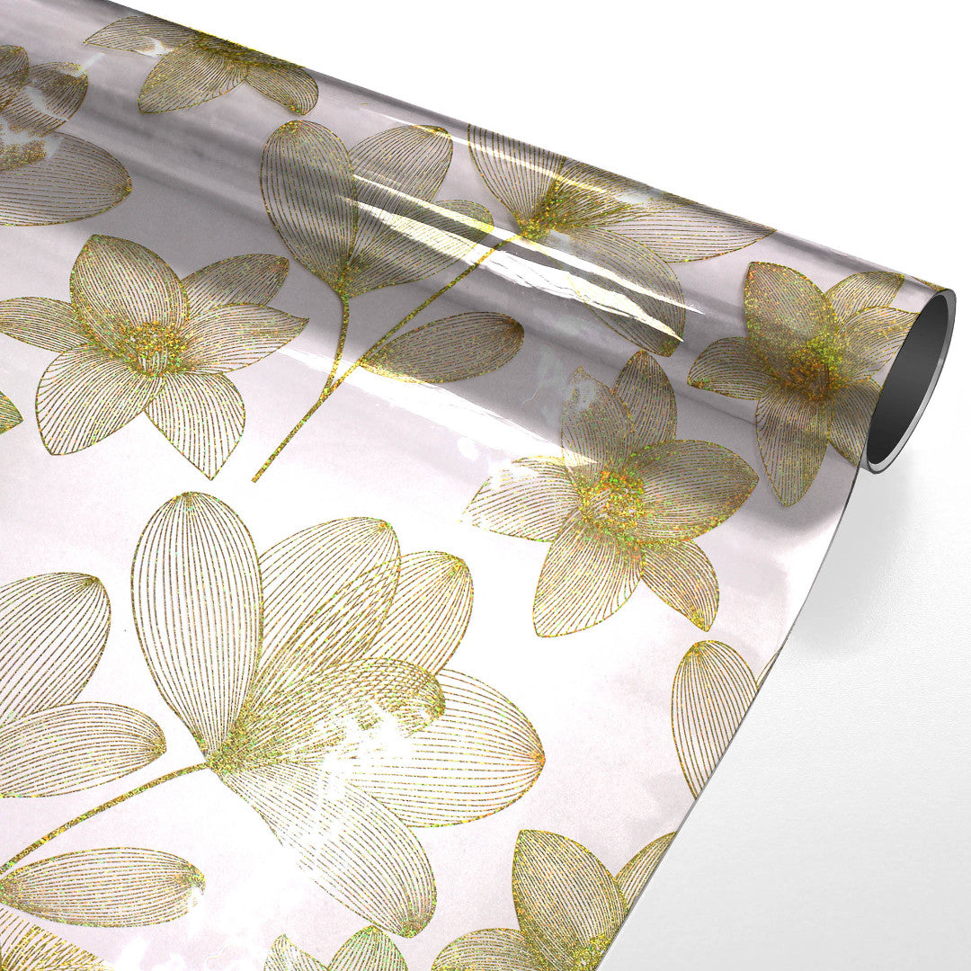 Danela Gold - Gennemsigtig voksdug, stregblomster og glittereffekt, rullet