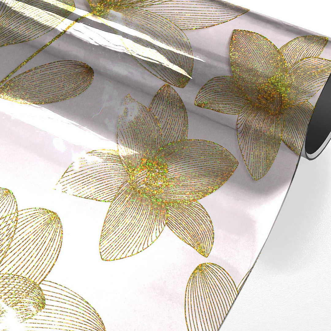 Nærbillede, Danela Gold - Gennemsigtig voksdug, stregblomster og glittereffekt, rullet