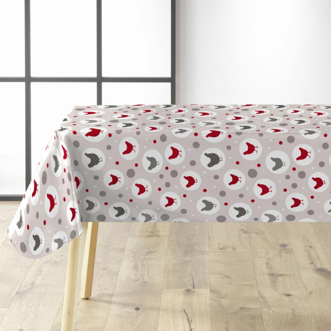 Den stolte høne- Lys grå voksdug med høns på bord