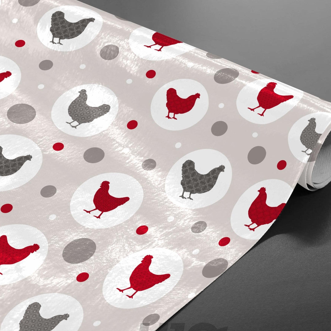 Den stolte høne- Lys grå voksdug med høns rullet