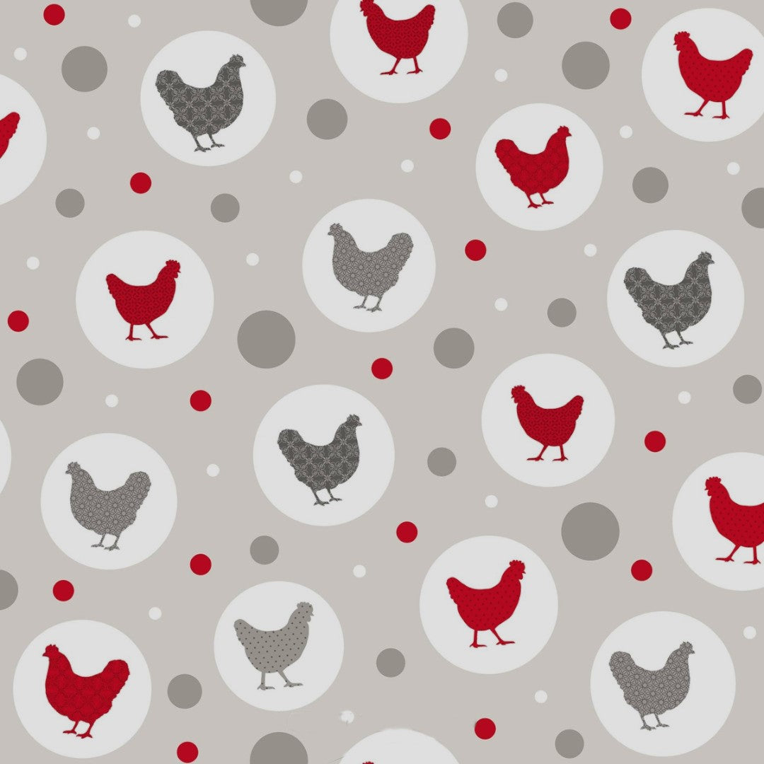 Den stolte høne- Lys grå voksdug med høns