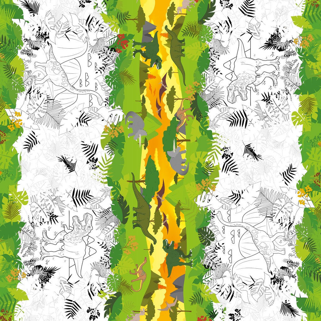 Farvelæg voksdugen som i en malerbog, voksdug med Dino landskab