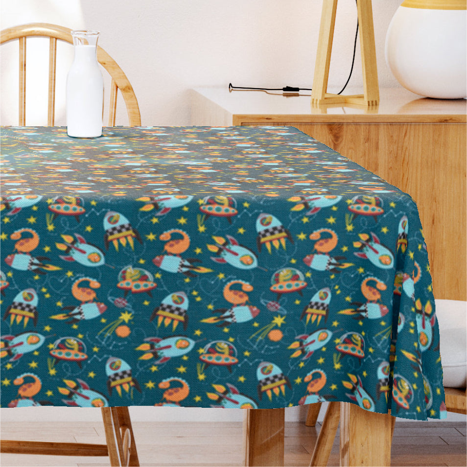 Dinofuzzy blågrøn - Akryldug med rumskibe 155 cm bred