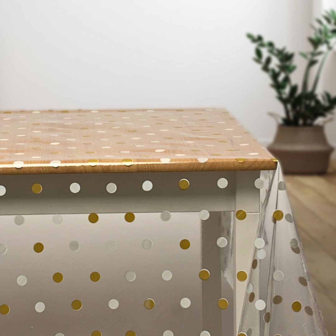 Dot Guld og Sølv, klar plastdug - Gennemsigtig voksdug med prikker