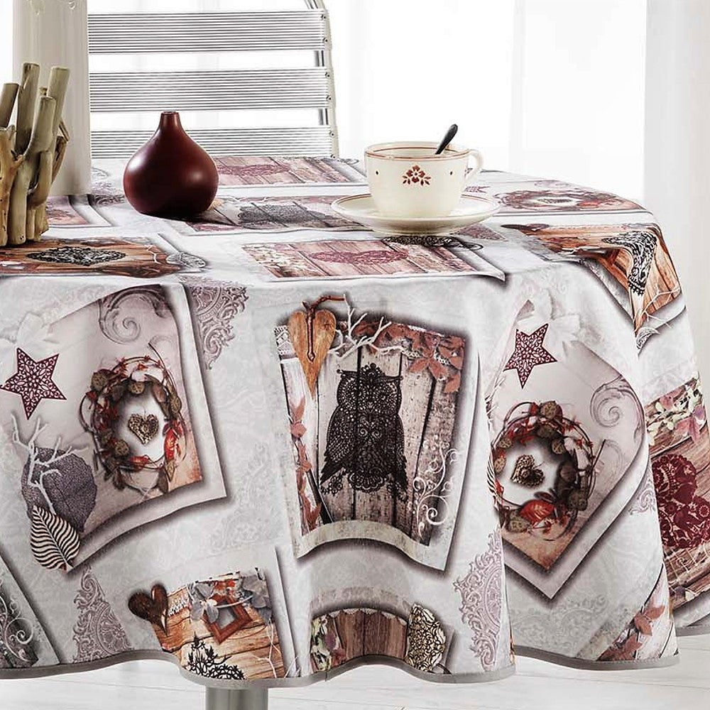 Wood Love Efterårsugler - Rund juledug med anti-plet, Ø 180 cm