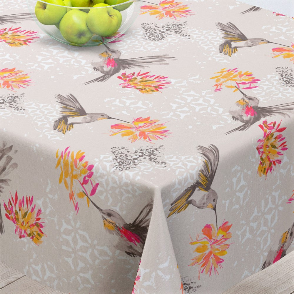 Elvire Grå - Akryldug med flotte fugle med hør-look - 150 cm bred