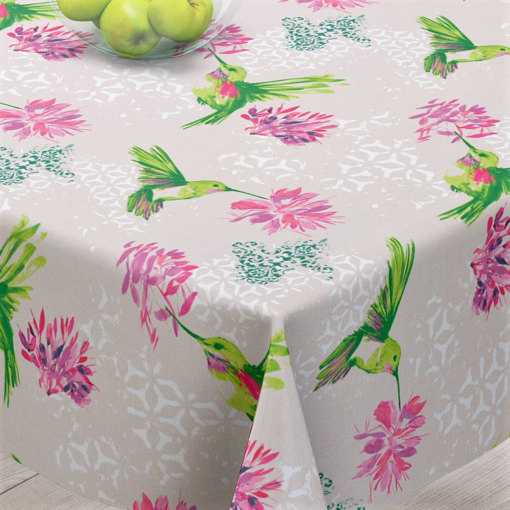 Elvire Grøn - Akryldug med flotte fugle med hør-look - 150 cm bred