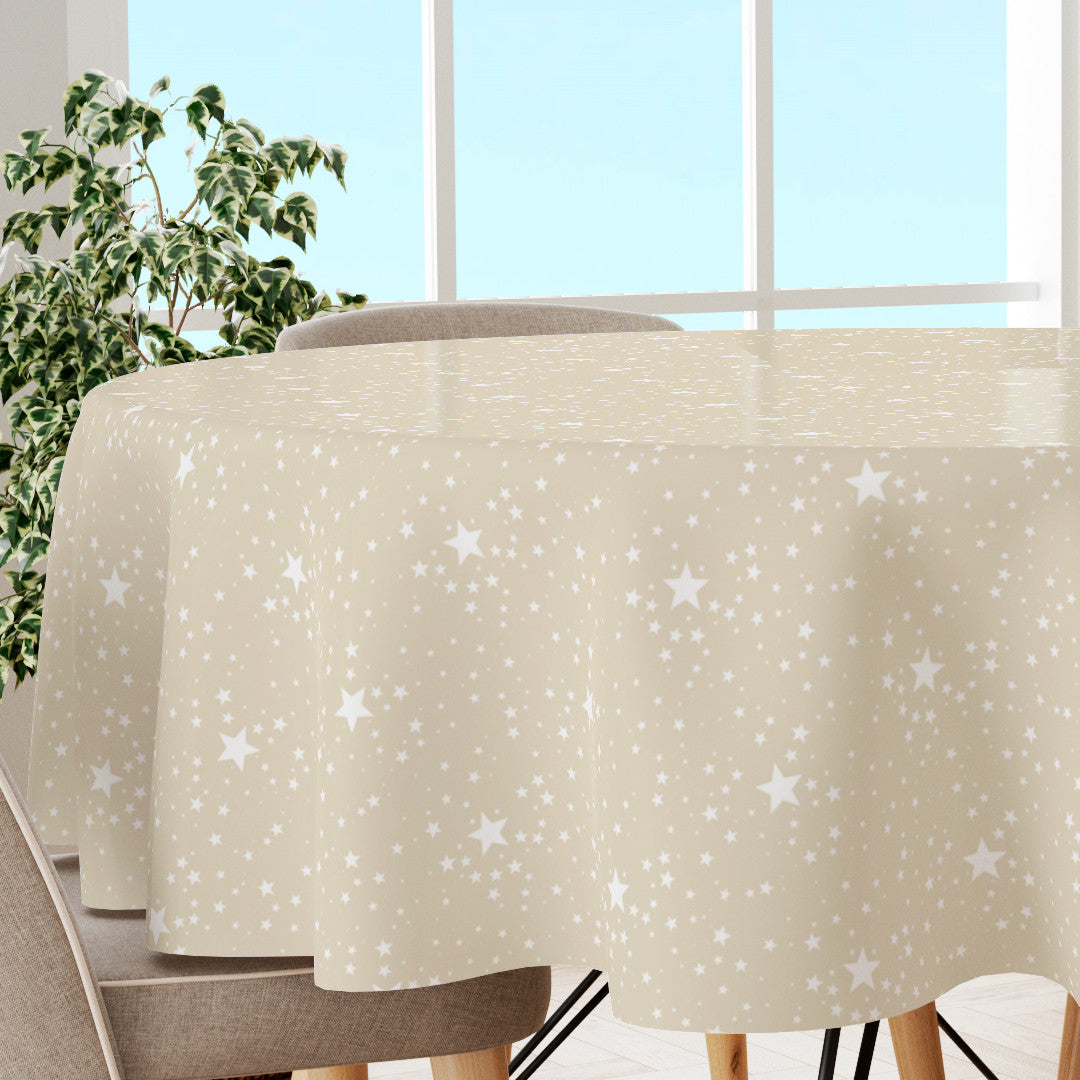 Etoiles, rund julevoksdug med hvide stjerner på lys beige baggrund