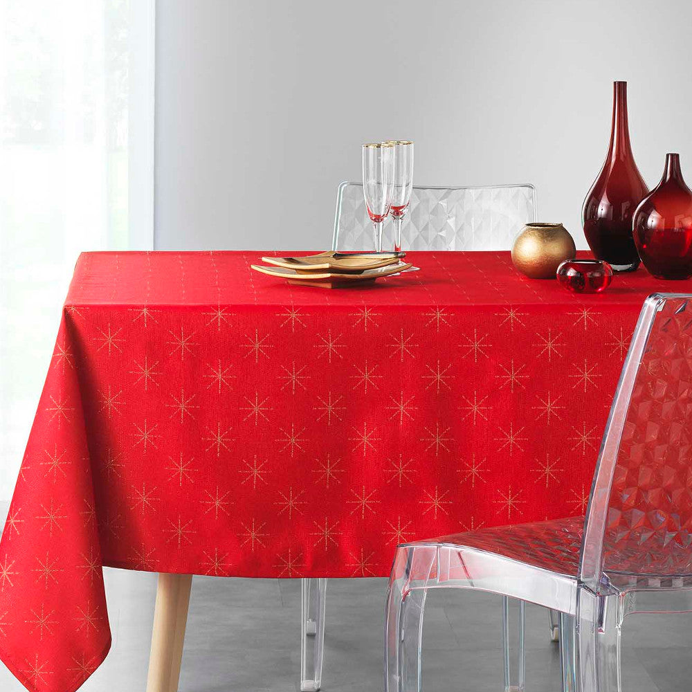 Etoiles Red/Gold - Jacquard vævet damaskdug med anti-plet - 140 x 300 cm